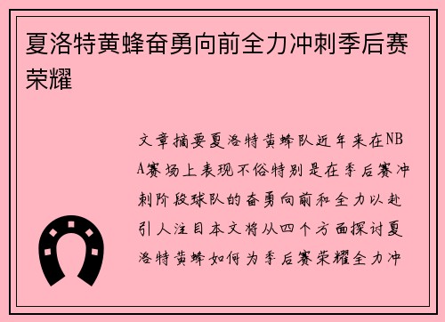 夏洛特黄蜂奋勇向前全力冲刺季后赛荣耀